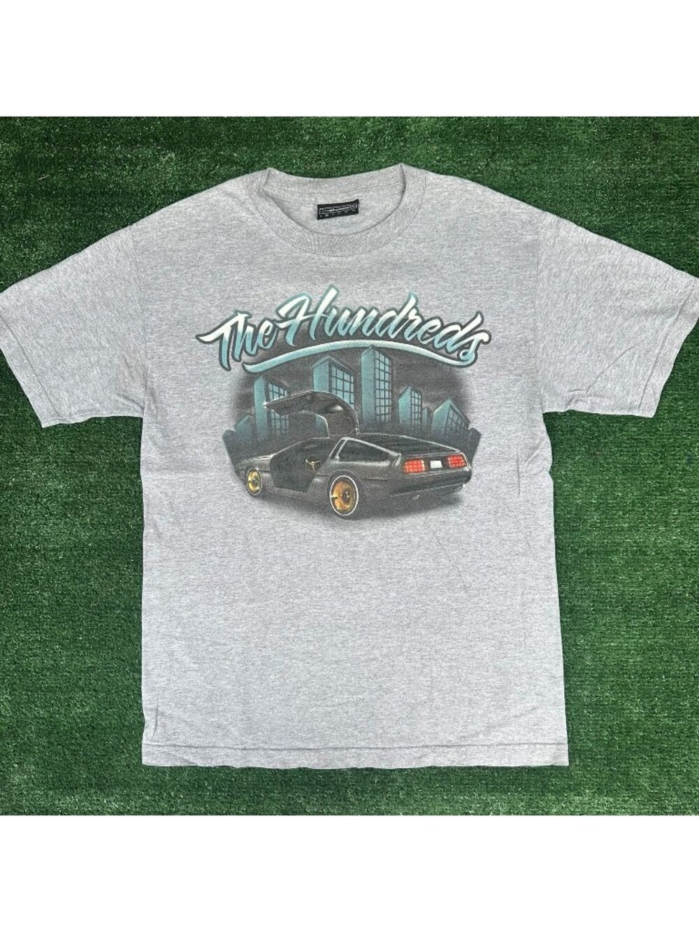 Vintage Y2K The Hundreds DeLorean T-Shirt Gray M Skater Streetwear Futuristic